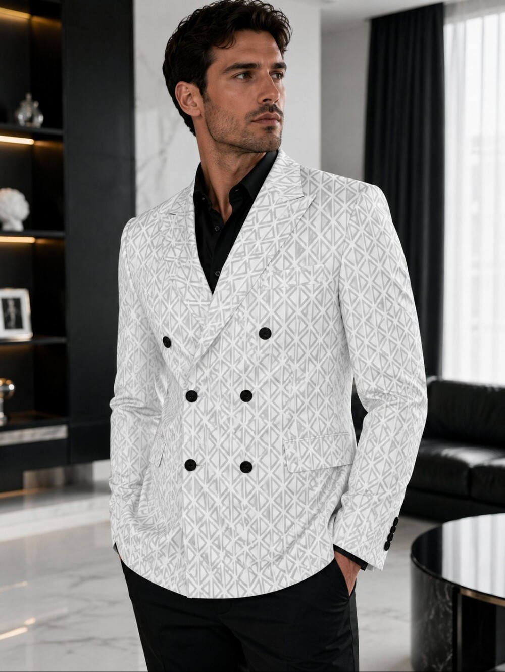 Men’s XL White & Gray Geometric Double-Breasted Blazer Jacket